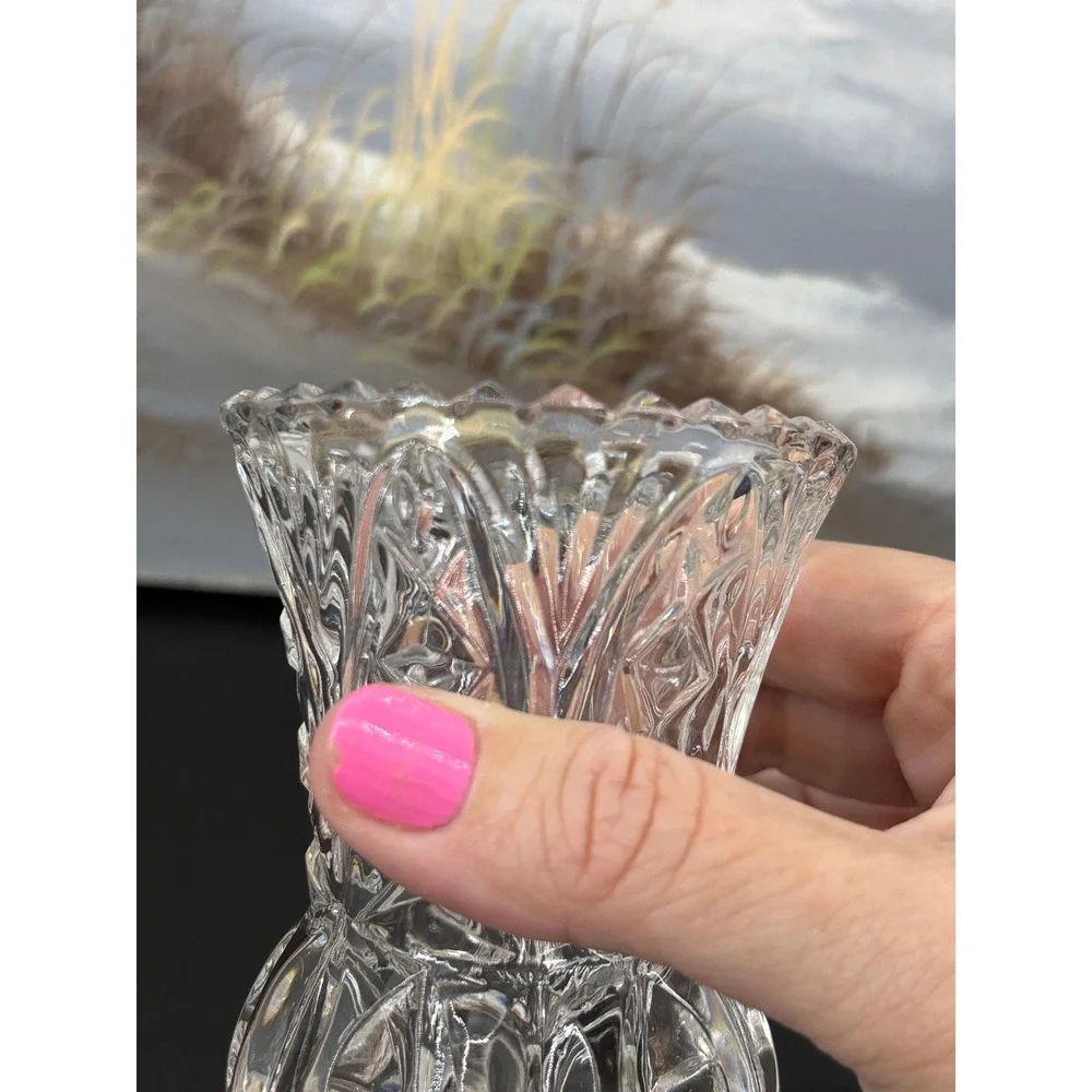 Vintage Miniature Cut Glass Bud Vase Thistle Shape Scalloped Rim 4.5 Inch